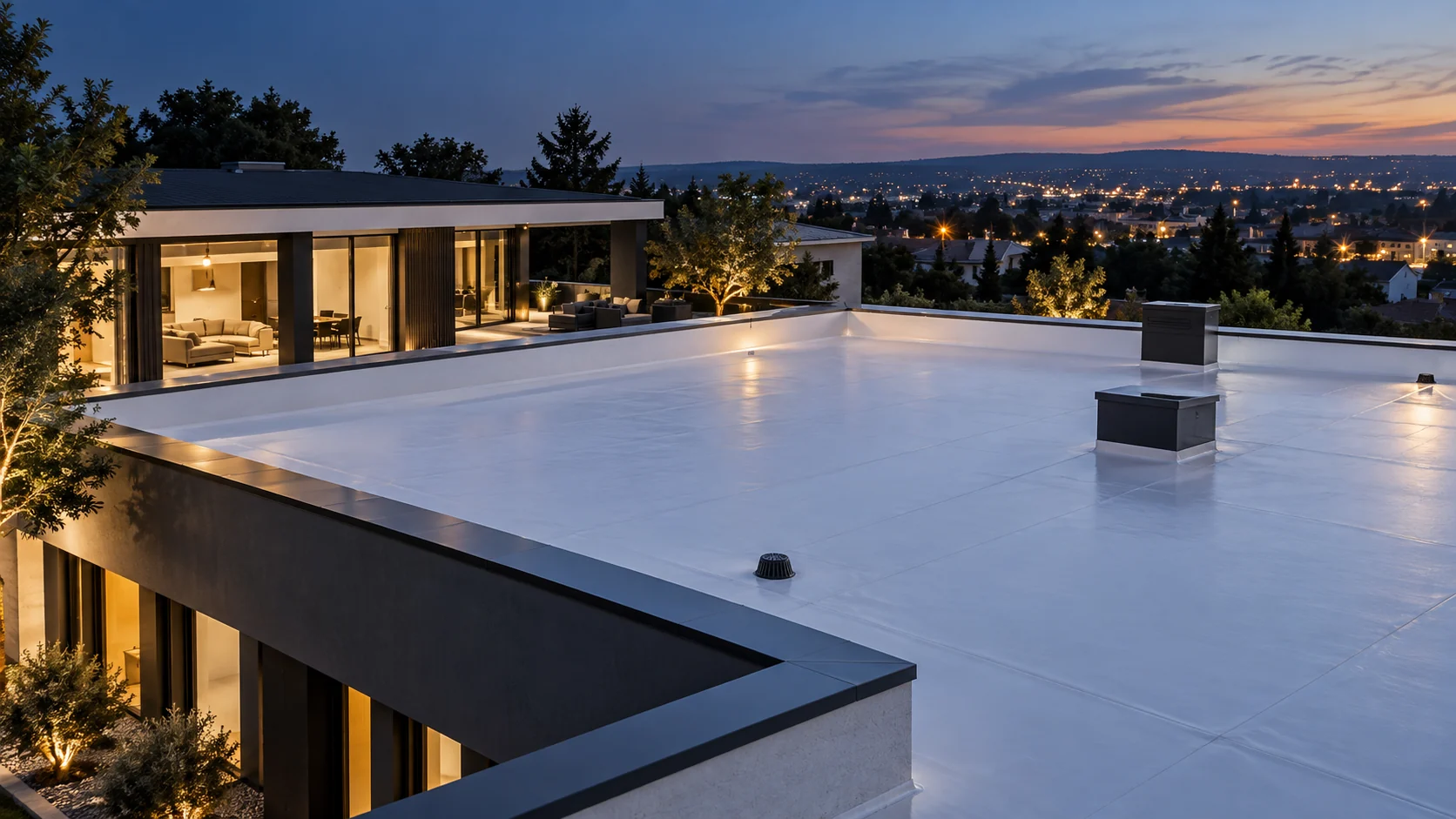 PVC flat roof at dusk